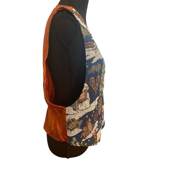 Vintage Backroad Blues Tapestry Cabin Scene Vest USA Made Large Winter Christmas - Picture 4 of 9